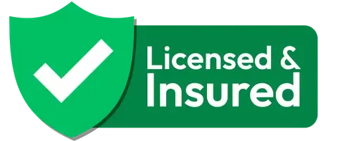 A green shield with a white checkmark next to the text 'Licensed & Insured', verifying credentials for Commercial Earthworks West Auckland.