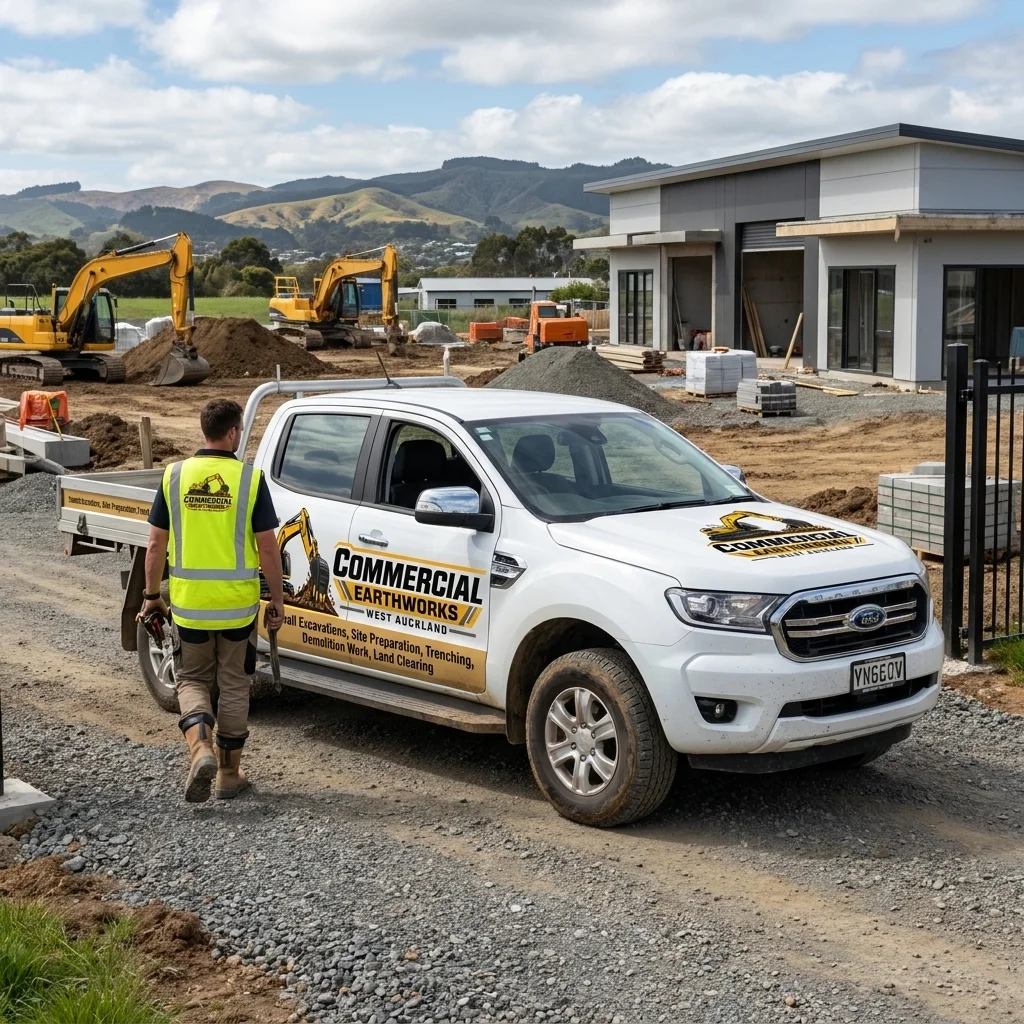 Branded vehicle parked on a commercial development site during a drainage system installation project.
