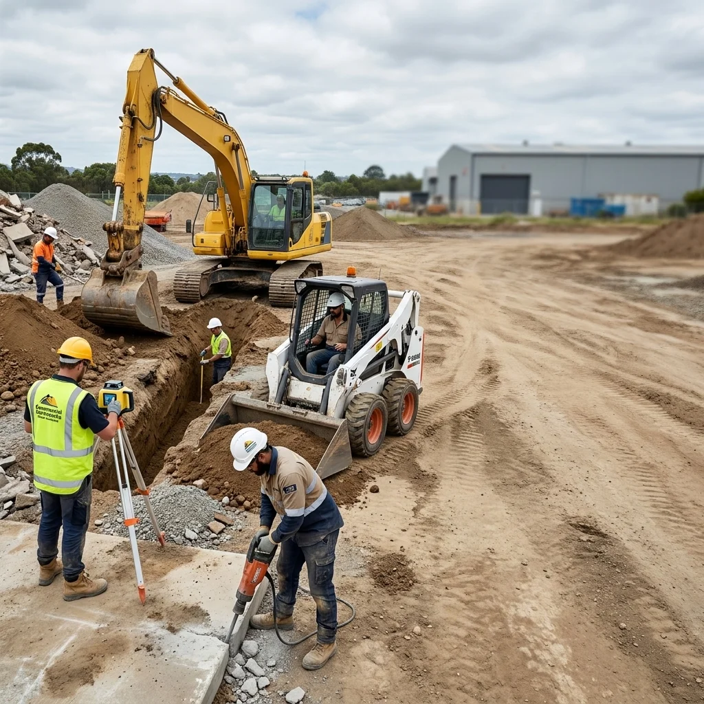 Construction crew and heavy equipment performing earth and rock excavation on a commercial site.