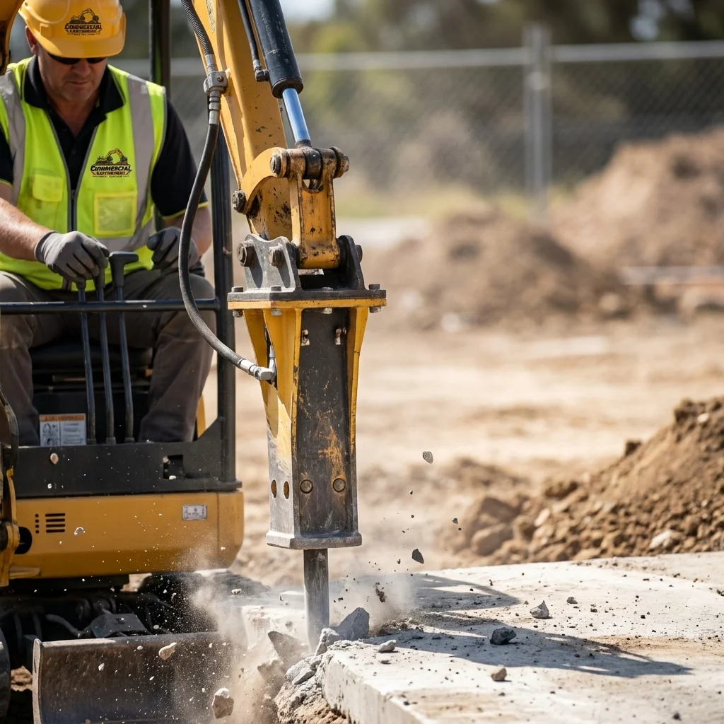 Operator using a hydraulic breaker attachment to fracture concrete during a demolition and debris removal project.
