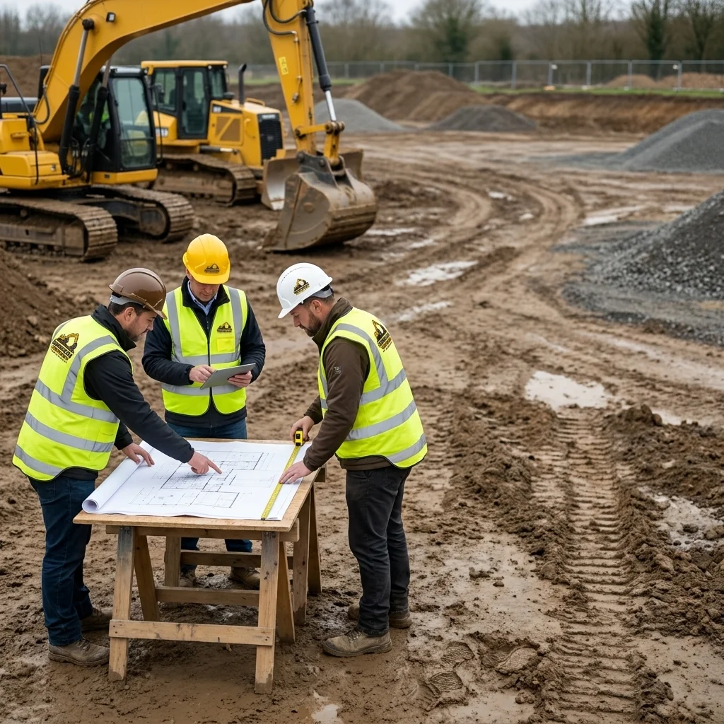 Engineers reviewing project blueprints and plans on site for Commercial Earthworks West Auckland.