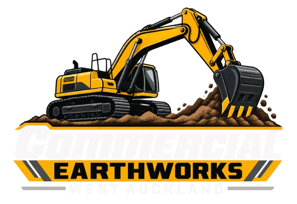Official company logo featuring an excavator and the text Commercial Earthworks West Auckland.