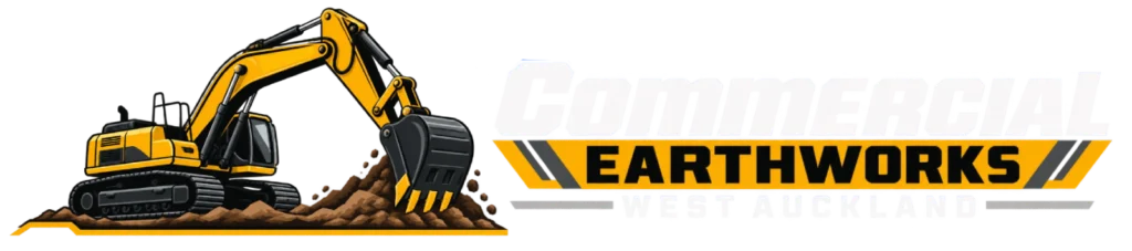 Official company logo featuring an excavator and the text Commercial Earthworks West Auckland.