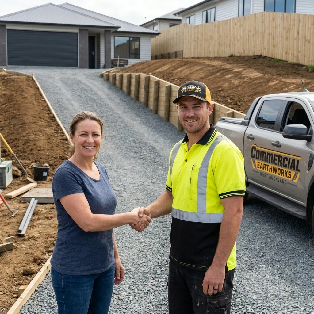 Client shaking hands with a professional site manager representing Commercial Earthworks West Auckland.