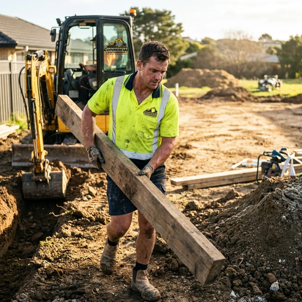 Worker carrying a heavy timber beam on a site prepared for land grading and leveling.