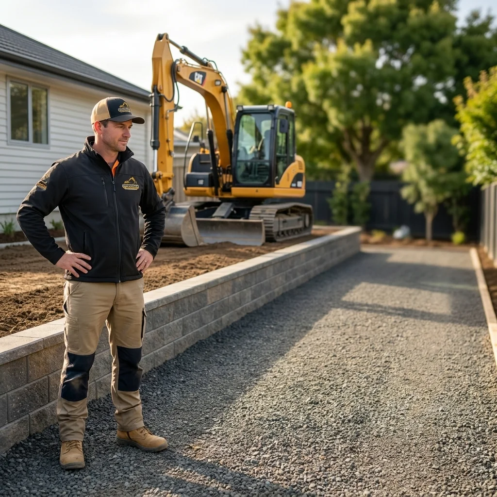 Professional supervisor standing proudly next to a newly completed gravel accessway during a road and driveway excavation project.
