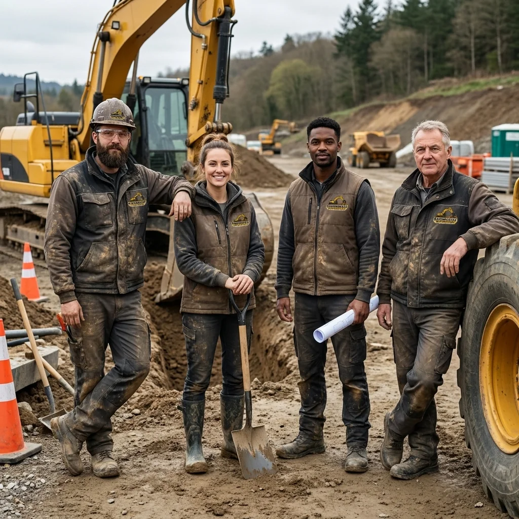 Experienced crew members smiling on an active excavation site for Commercial Earthworks West Auckland.