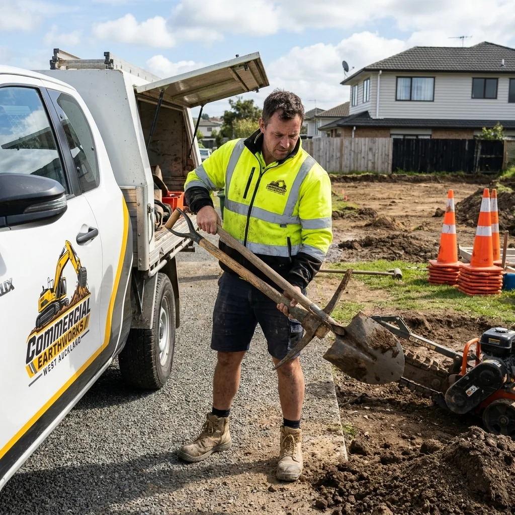 Worker unloading tools from a branded service vehicle for a trenching and utility installation project.